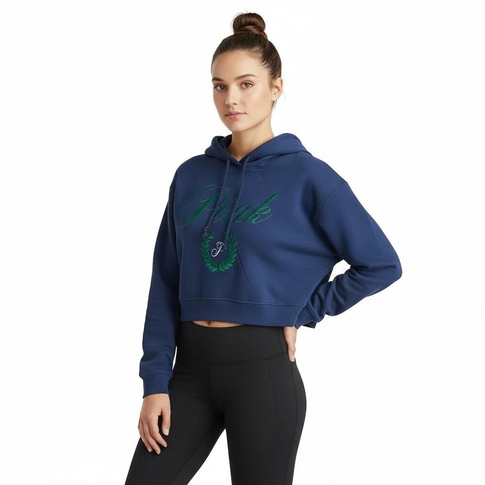 Victoria's Secret Pink Navy Fleece Classic Cropped Hoodie, XS